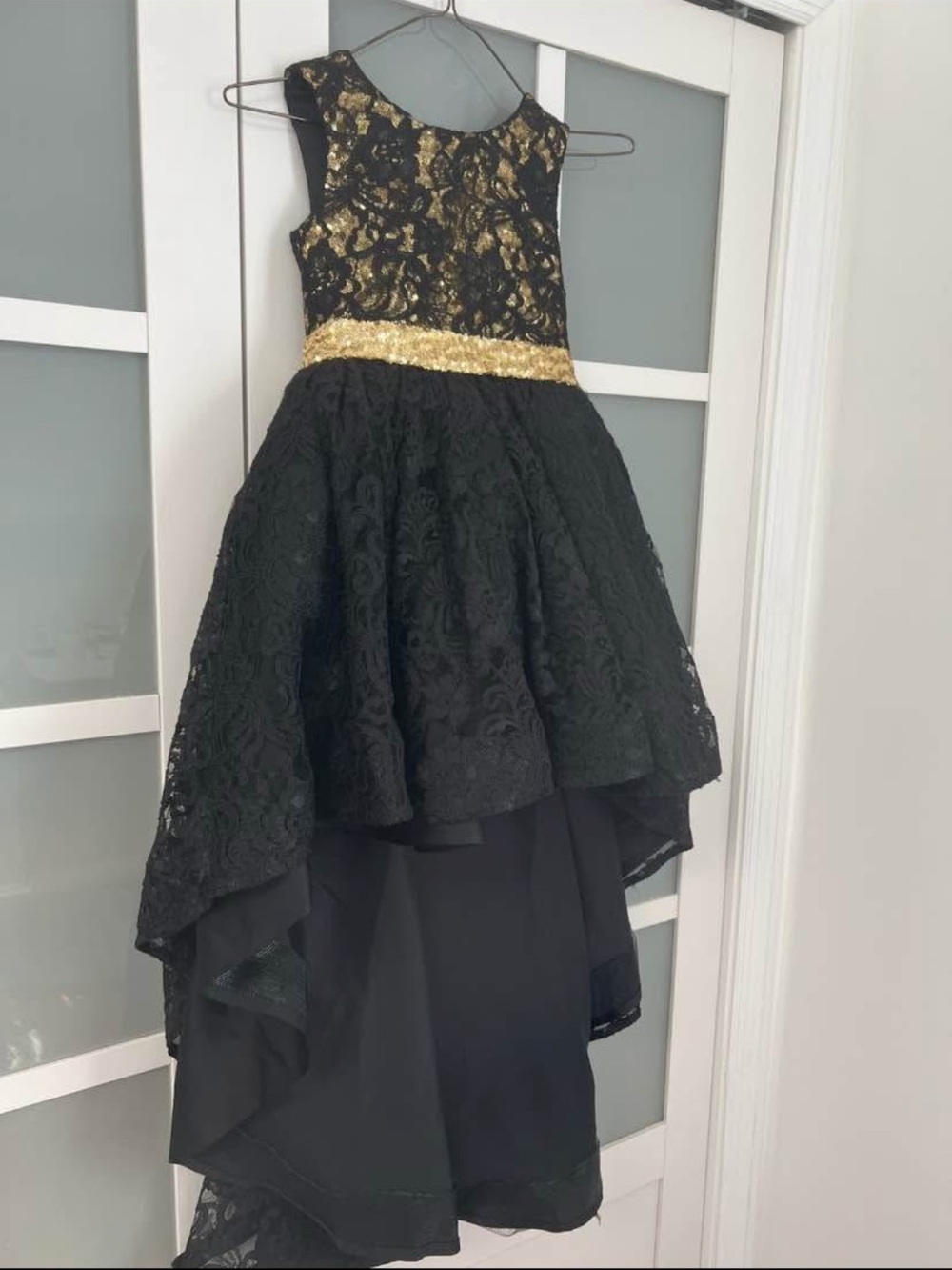 Girls' Black Dress with Gold Sequin Waist for Special Occasions